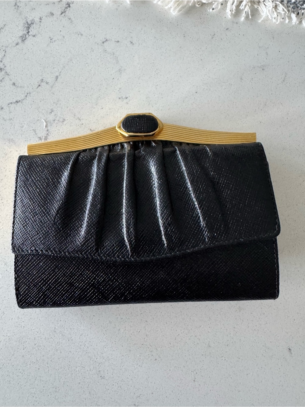 Vintage Judith Leiber Black Saffiano Leather Wallet with Gold Frame
